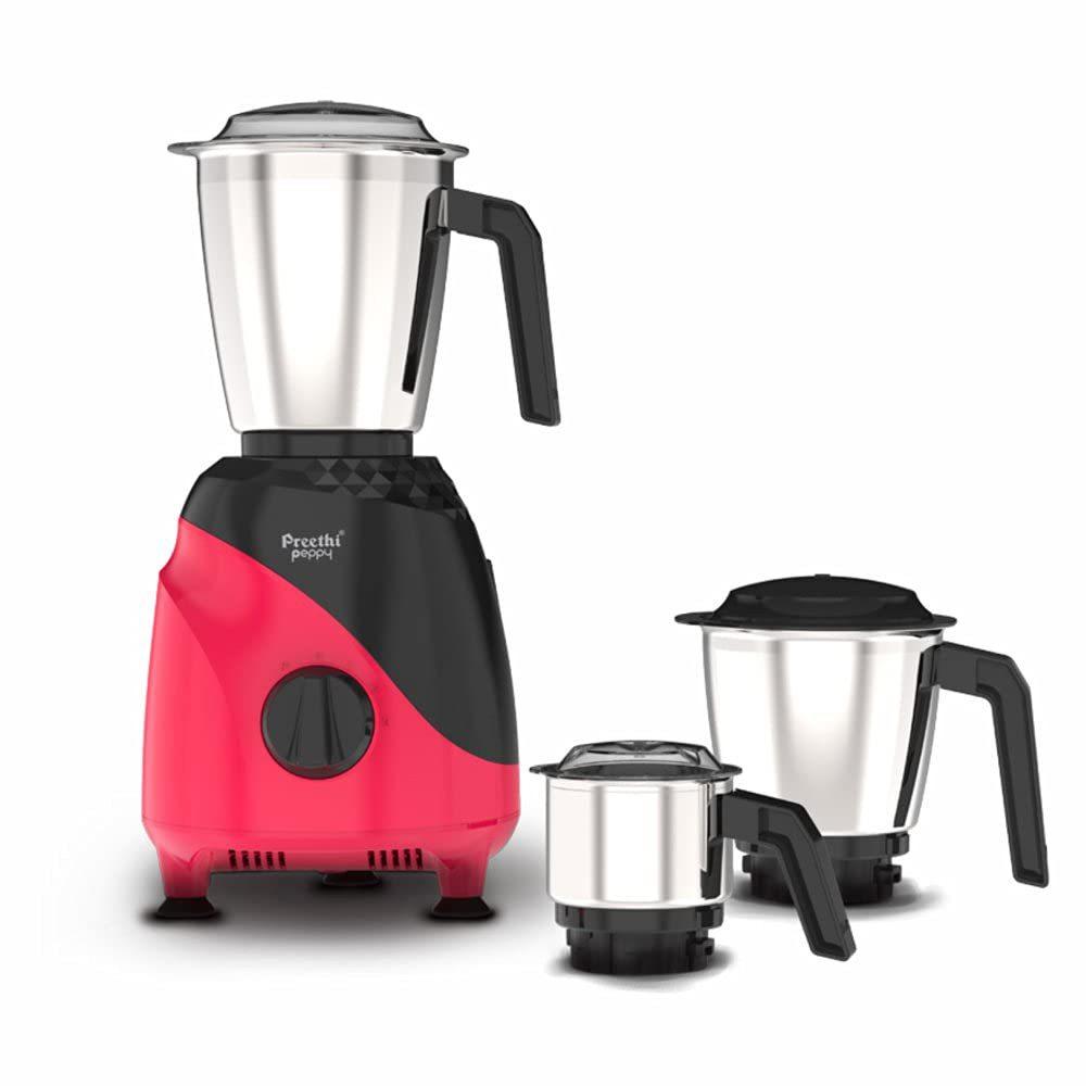 Preethi Peppy 750 Watts 3 Jars Mixer Grinder,Razor Sharp Blade Technology, MG 245, Red and Black