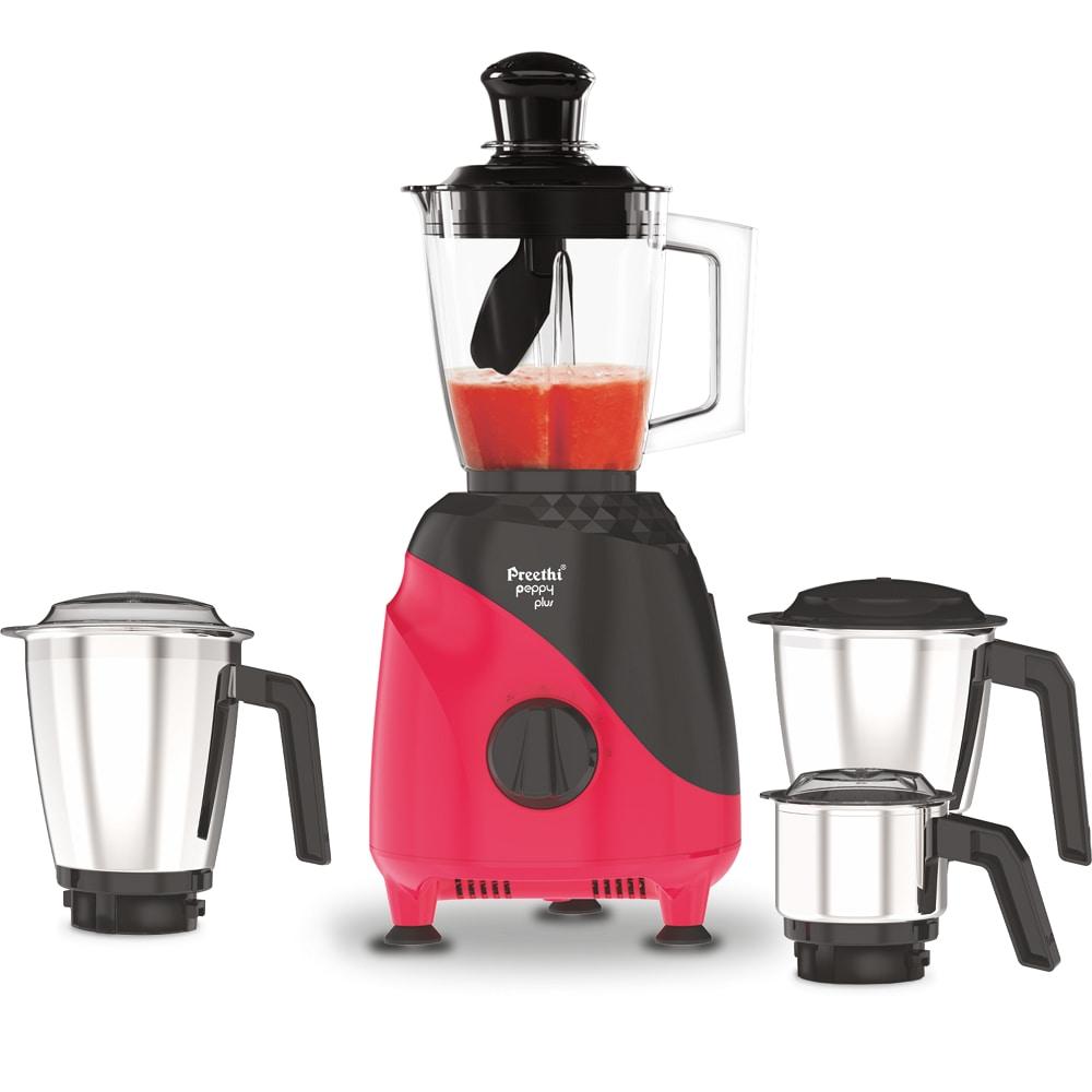 Preethi Peppy Plus, 750 Watts, 4 Jars Mixer Grinder, 3D Air Cooling Technology, Black and Pink