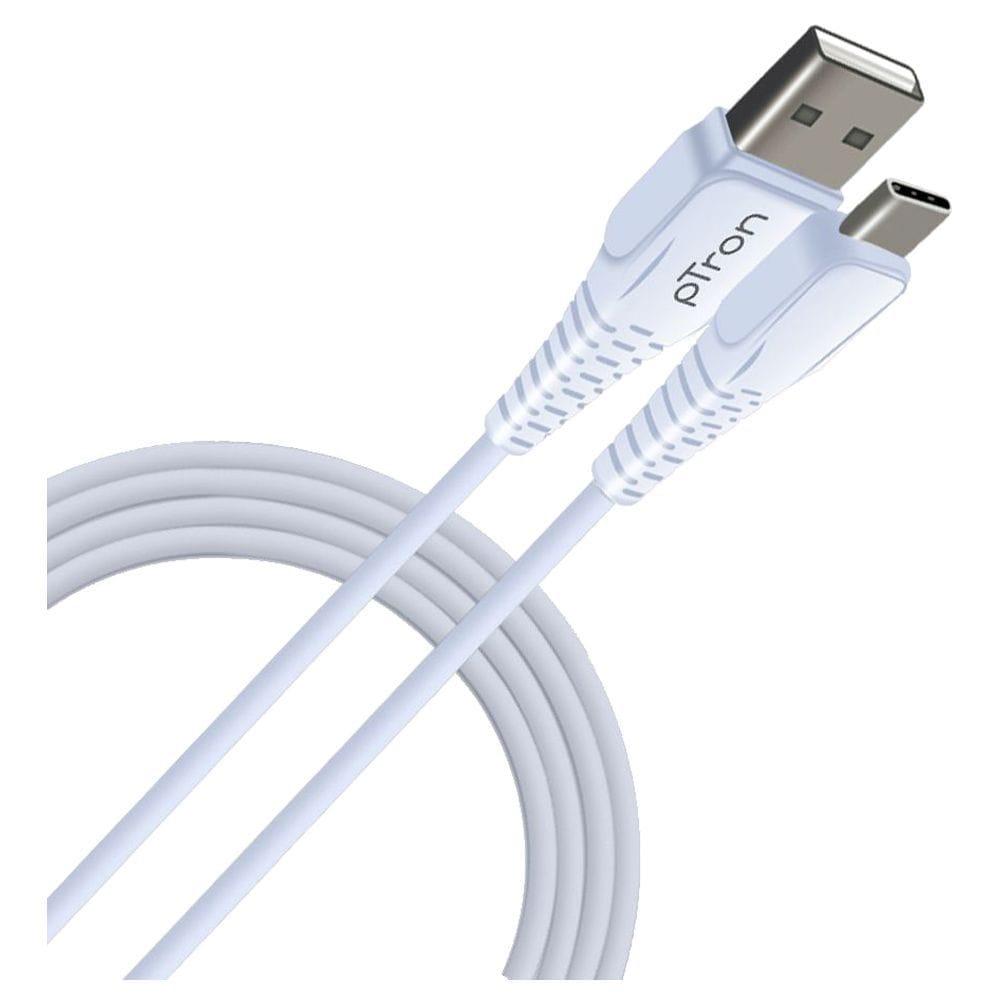 pTron Solero T241 Type-C Charging & Data Cable, 2.4A Fast Charging, 1 meter PVC Cable, USB-A To Type-C Port, Anti-Rust Metal Plugs, Anti-knot, Widely Compatible, White
