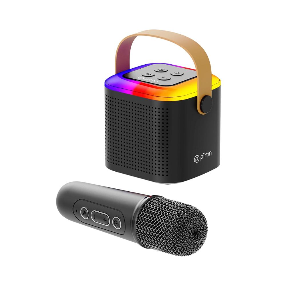 pTron Funk Play 10 W Mini Bluetooth Speaker with Wireless Karaoke Mic, 8 Hrs Playtime, Vivid RGB Lights, Funny Voice Effects, Multi-Play Modes BT v5.1/TF Card/Aux-out, Lightweight & Portable & Type-C Charging Port (Black)
