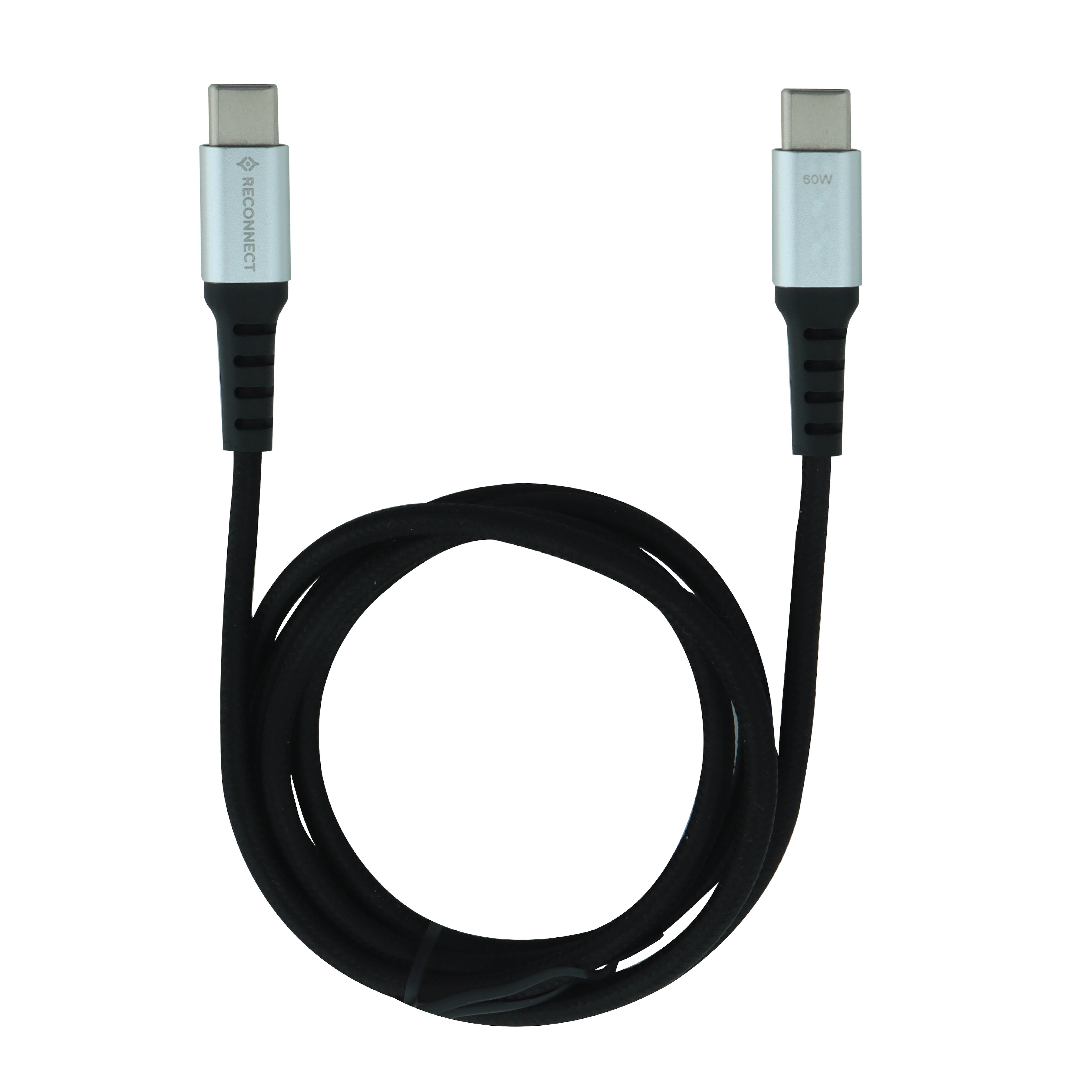 Reconnect Type-C to C, 60 W Braided Cable, Upto 480 Mbps Data Sync, Fast Charging, 100 cm (1 m) Length, Tangle Free, Black, RCTCB1060