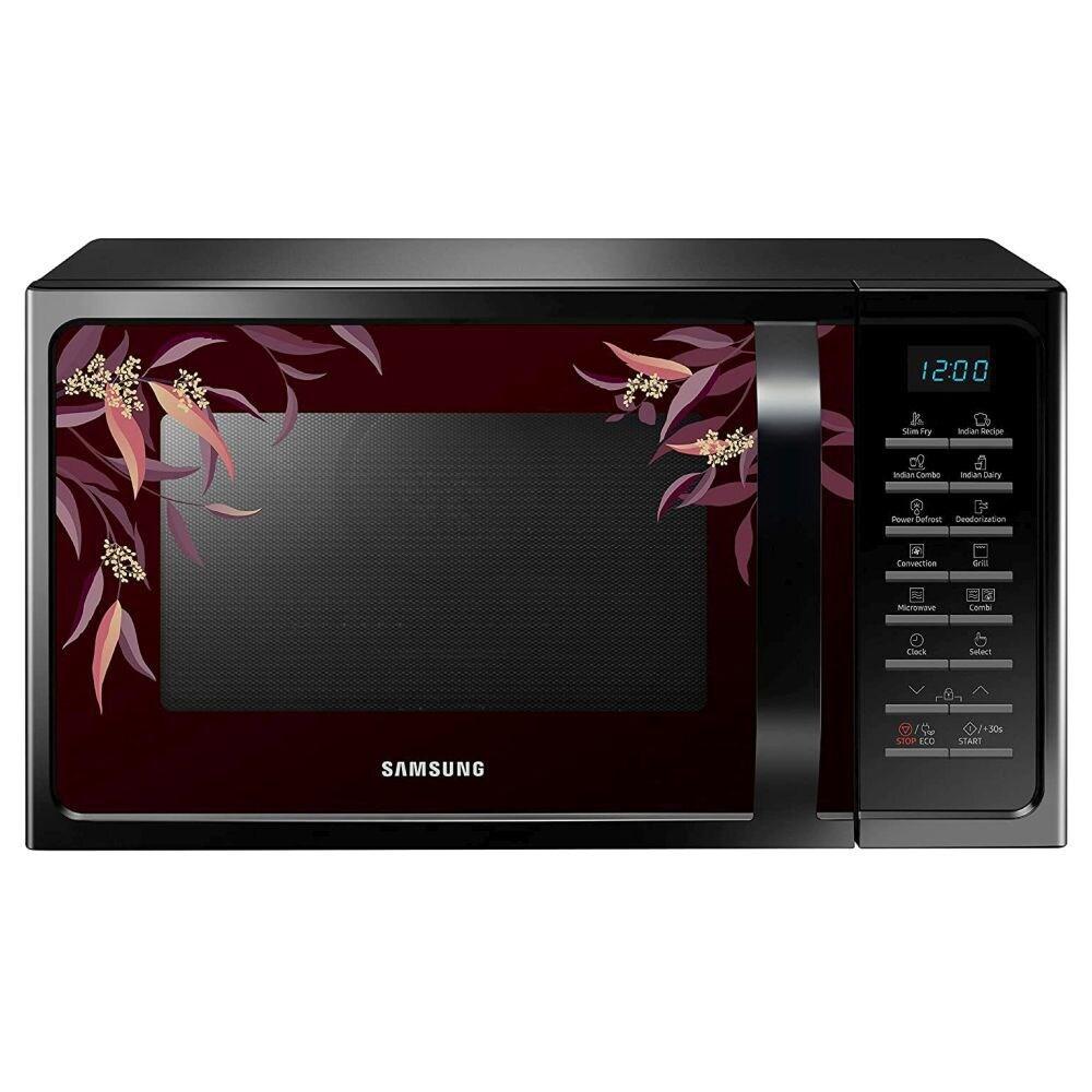 Samsung 28 Litre Convection Microwave Oven with Slim Fry, Indian Auto Cook menu (MC28H5025VR/TL, Black Delight Red Pattern)