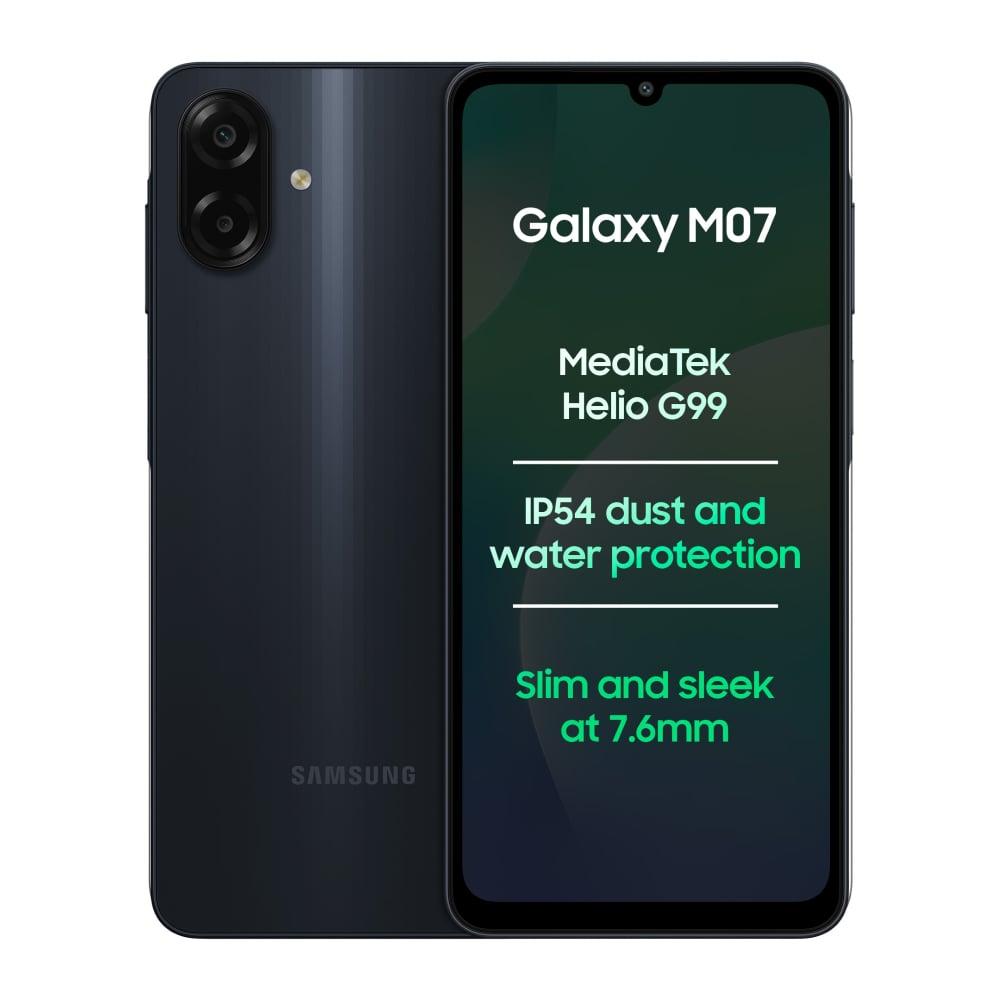 Samsung Galaxy M07 4G 64 GB, 4 GB RAM with MediaTek Helio G99, AnTuTu 624K, IP54, 50 MP Camera, 7.6 mm Slim, 5000 mAh Battery, 25 Watts Fast Charging, 6 Gen OS Upgrades & Without Charger, Black, Mobile Phone