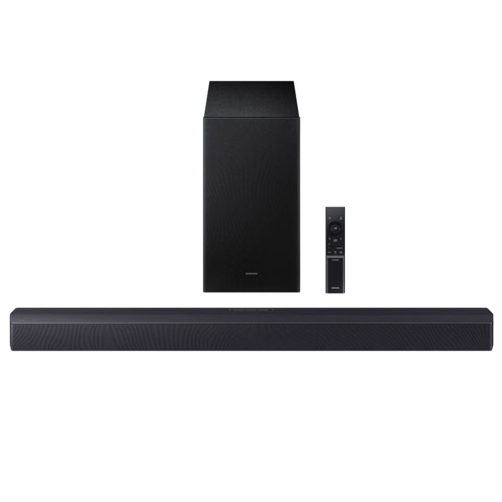 Samsung 300 W 2.1 ch Soundbar with Dolby Audio, DTS Virtual:X, 3D Surround Sound, Bass Boost, Adaptive Sound, Voice Enhance, Game Mode, Night Mode, HDMI ARC, Optical In, Bluetooth, USB, Wireless Subwoofer (HW-B45EF/XL, Titan Black)