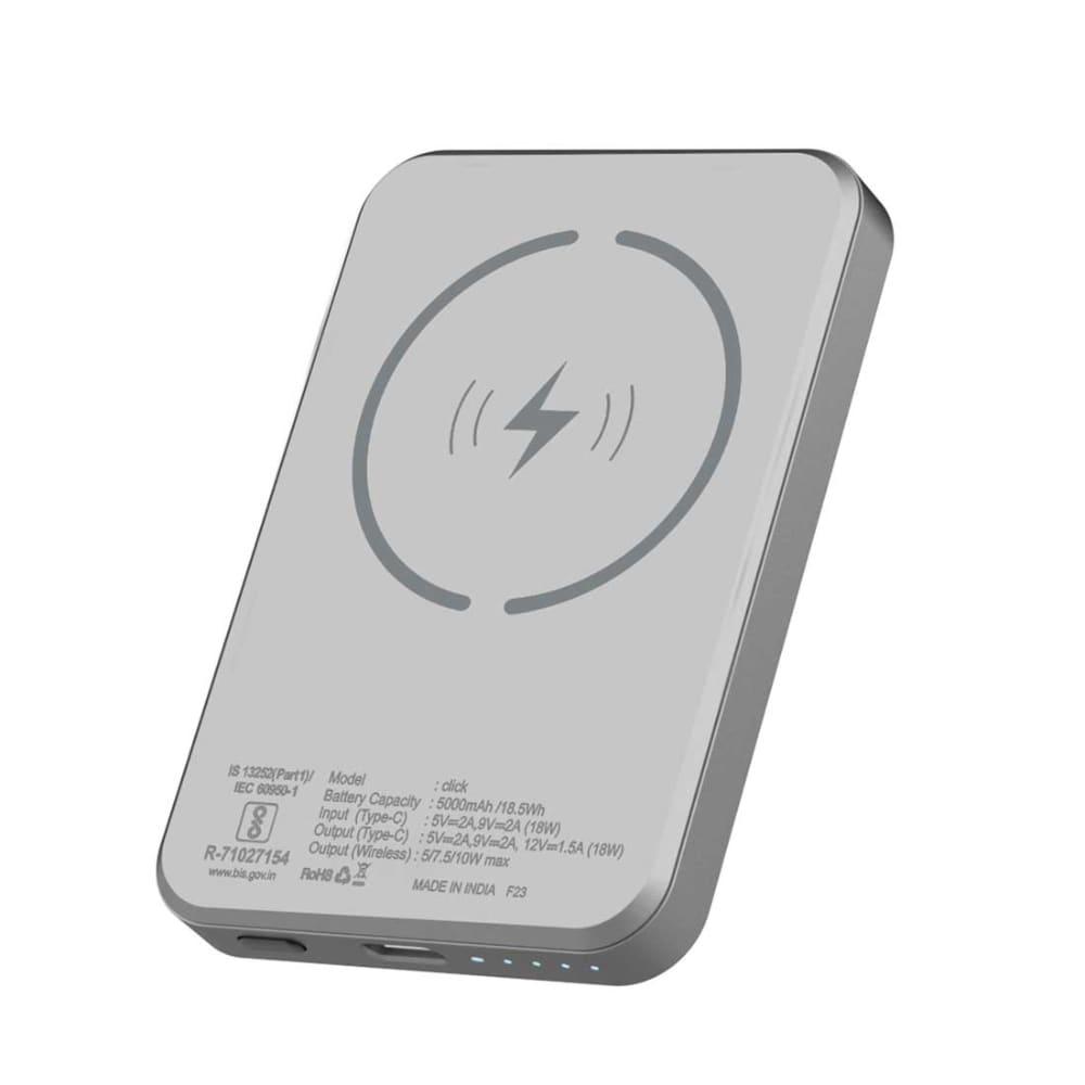 Stuffcool Click 5000 mAh Magnetic Wireless Power Bank, 18 W PD Fast Charging, LED Indicator, 1 Type-C Port, Cable Included, Short Circuit, Over Temperature & Over Current Protection, Smart IC Auto Detect Function, Grey