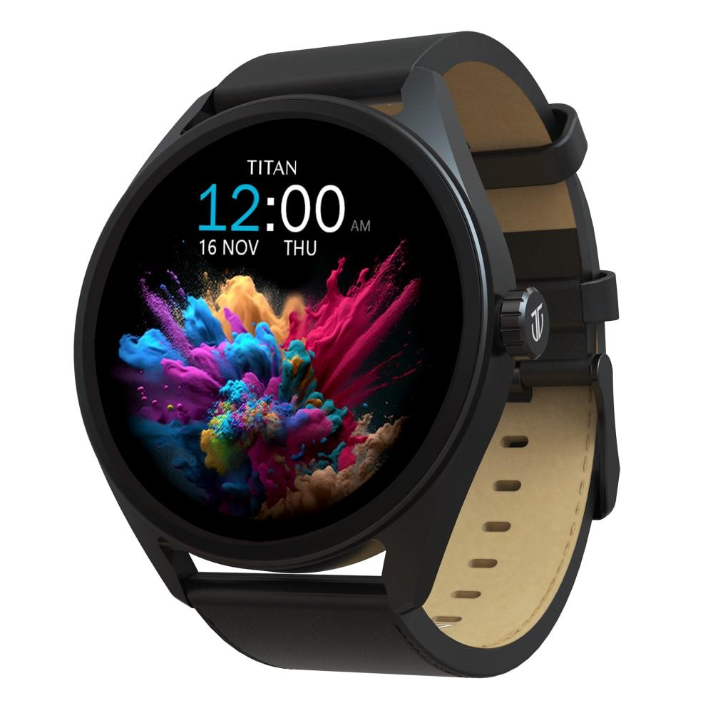 Titan Crest Premium Metal Smartwatch with 3.63 cm (1.43 inch) AMOLED Display, BT Calling, AI Voice Assistant, 100+ Sports Modes & IP68 Water Resistance (Black Leather)