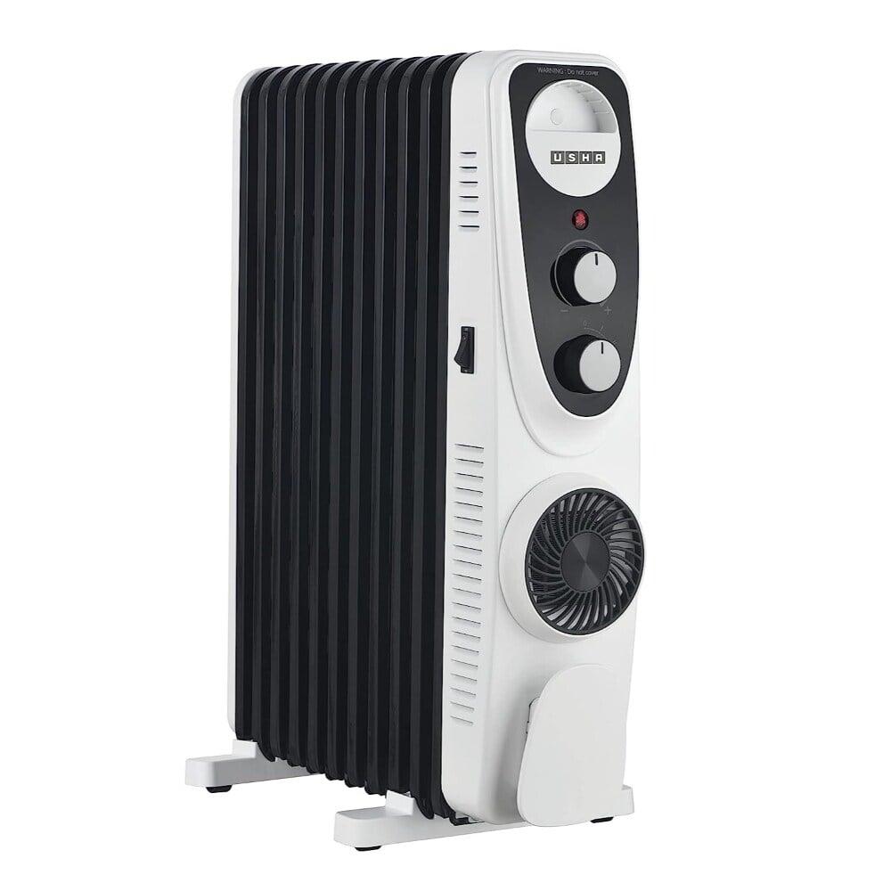 Usha 4211 FU PTC Oil Filled Radiator, 2500W, 11 Fins, 3 Heat Settings, Adjustable Thermostat, Built-in Fan, Overheat and Tip-Over Protection, Caster Wheels, Black and White