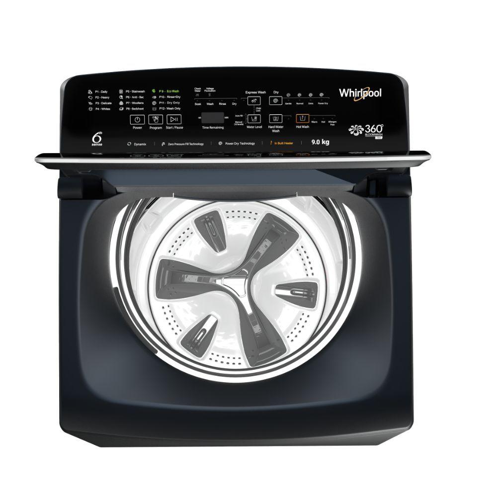 Whirlpool 9 kg Top Load, 360 Degree Bloom wash, In-Built Heater, ZPF Technology, 6th sense Technology, Midnight Grey (360 degree Bloom Wash Pro)