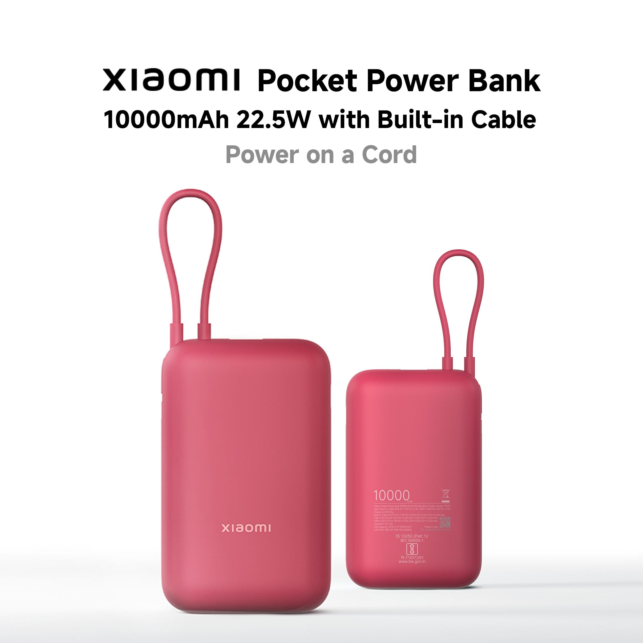 Xiaomi Pocket 10000 mAh Power Bank with Built-in Cable, Maroon, P15ZM