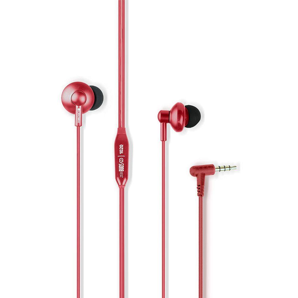 Zebronics Zeb-Buds 10 Wired Earphones with Mic and a Multi-function Button, Lightweight, Strong and long lasting cable, Metal design, Red