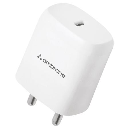 Ambrane RAAP M20 Wall Charger, 20 W Intelligent fast charging with PD Technology, BIS certified, Compatible with all Type-C Devices, Short Circuit & Overload Protection, Over Temperature Protection, Anti-Rust Pins, White Ambrane RAAP M20 Wall Charger, 20 W Intelligent fast charging with PD Technology, BIS certified, Compatible with all Type-C Devices, Short Circuit & Overload Protection, Over Temperature Protection, Anti-Rust Pins, White