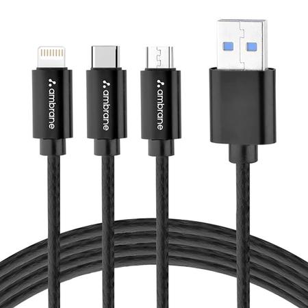 Ambrane Trio-11 3-in-1 Fast Charging 2.1A Unbreakable Braided Cable (Black)