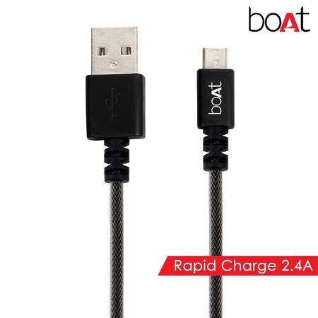 Boat 500 MKI Tangle Free Micro USB Cable, Rapid Charge 2.4 A, Premium Nylon Braiding, 150 cm (1.5 m) length, Intelligent LED Indicator, Smart Auto Disconnect Charging, 480 Mbps Data Sync Rate, Carbon Black Boat 500 MKI Tangle Free Micro USB Cable, Rapid Charge 2.4 A, Premium Nylon Braiding, 150 cm (1.5 m) length, Intelligent LED Indicator, Smart Auto Disconnect Charging, 480 Mbps Data Sync Rate, Carbon Black