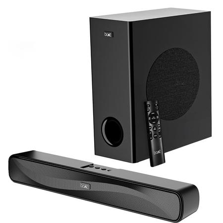 boAt Aavante Bar A1040 with 50 W RMS boAt Signature Sound, 2.1 Channel Audio with Wired Subwoofer, Multi connectivity : Bluetooth v5.3, AUX, USB & HDMI and Master Remote Control (Premium Black) boAt Aavante Bar A1040 with 50 W RMS boAt Signature Sound, 2.1 Channel Audio with Wired Subwoofer, Multi connectivity : Bluetooth v5.3, AUX, USB & HDMI and Master Remote Control (Premium Black)