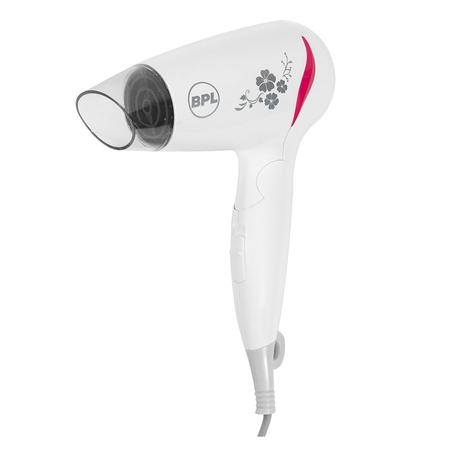 BPL 1200W Foldable Hair Dryer with Ionic Air Function for fast dry and silky hair, 3 Temperature Settings, Overheat Protection, Detachable Concentrator, 2 Years Warranty, White and Pink