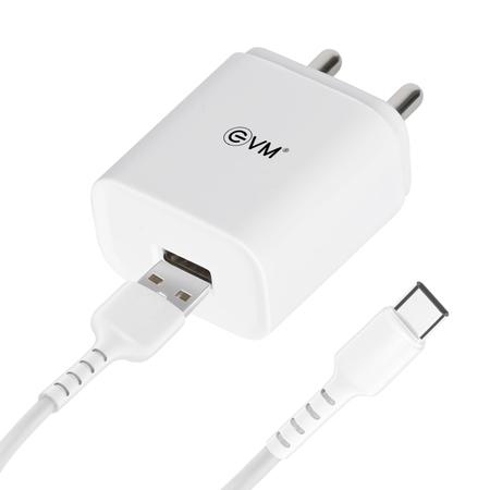 EVM USB Smart Charger with Type-C Cable, 5 V Fast Charging, 2.4 A Output, Smart IC technology, Over Current Protection, Short Circuit Protection, Surge Protection, No load Protection, Compatible with all C-type devices, White EVM USB Smart Charger with Type-C Cable, 5 V Fast Charging, 2.4 A Output, Smart IC technology, Over Current Protection, Short Circuit Protection, Surge Protection, No load Protection, Compatible with all C-type devices, White