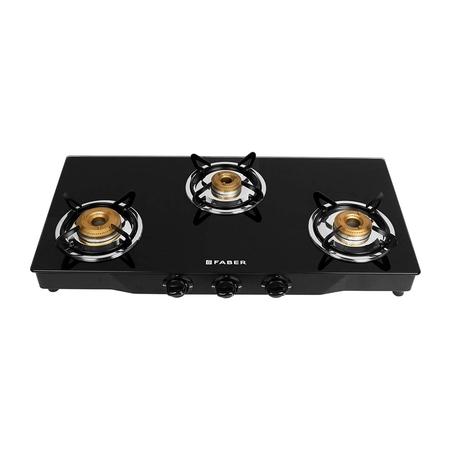 Faber JUMBO 3BB Glass Top Kitchen Hob with 3 Brass Burners, Manual Ignition, Black Faber JUMBO 3BB Glass Top Kitchen Hob with 3 Brass Burners, Manual Ignition, Black
