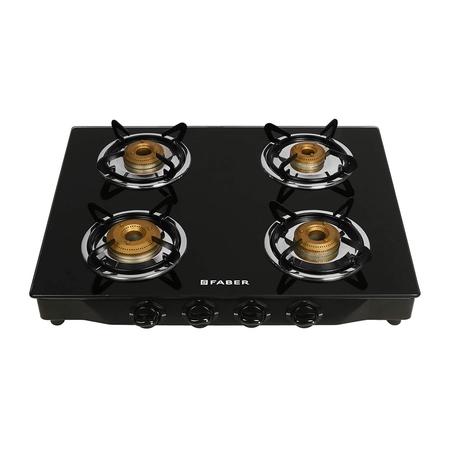 Faber JUMBO 4BB Glass Top Kitchen Hob with 4 Brass Burners, Manual Ignition, Black