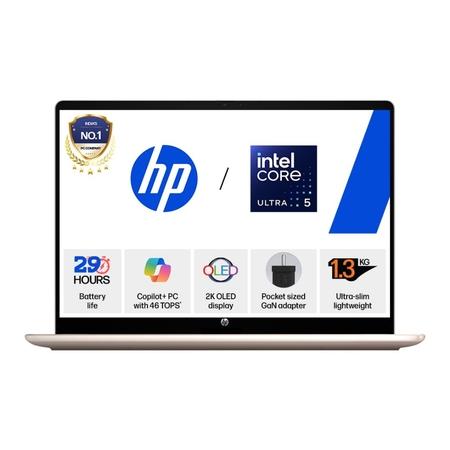 HP Omnibook 5 14-hh0099TU Next Gen AI Laptop (Intel Core Ultra 5 Processor/16 GB/512 TB SSD/Intel Graphic/Windows 11 Home/MS Office Home 2024/OLED), 35.6 cm - 14 inch, Sahara Silver Aluminum