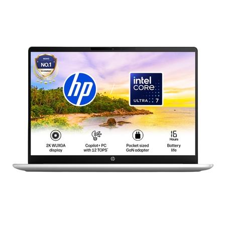 HP Omni Book 3 14-ht0047TU Standard Laptop (Intel Core Ultra 7 255U/16 GB/512 GB SSD/Intel Graphics/Windows 11 Home/MS Office Home 2024/OLED), 35.6 cm - 14 inch, Glacier Silver Aluminum Cover And Base