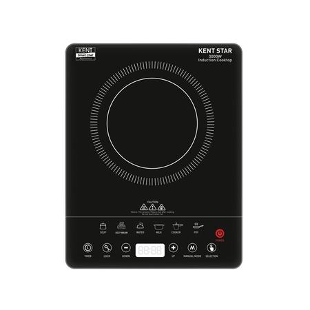 KENT Star Induction Cooktop 3000 W, 6 Preset Menu, Full Microcrystalline Glass, Feather Touch Buttons & LED Display, Milk Boiling & Turbo Cooking Function, Overheat Protection & Auto Turn-Off, Black