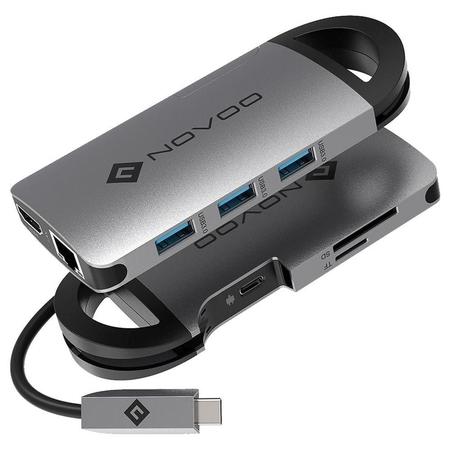 Novoo 8-in-1 USB-C Hub with 3 USB-A Port, USB-C PD Port, HDMI Port, SD Card and TF Slot, Ethernet Port, Dark Grey