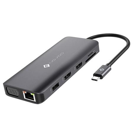 Novoo 12-in-1 USB-C Hub with 4 USB-A Port, USB-C PD Port, 2 HDMI Port, SD Card and TF Slot, VGA Port, Ethernet Port, Audio Port, Dark Grey