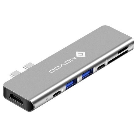 Novoo 7-in-2 USB-C Hub with 2 USB 3.0 Port, 2 USB-C PD Port, SD Card and microSD Card Slot, HDMI Port, Dark Grey