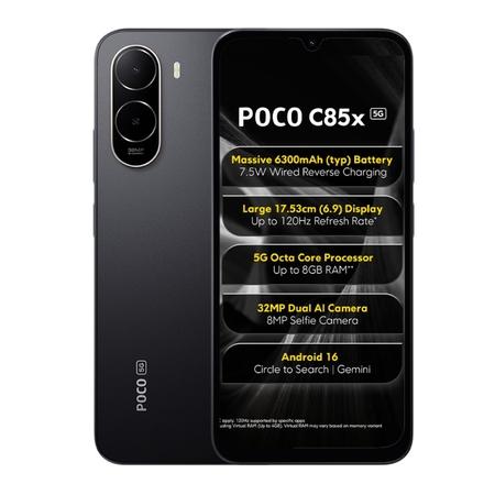 POCO C85x 5G 128 GB, 4 GB RAM, Black, Mobile Phone