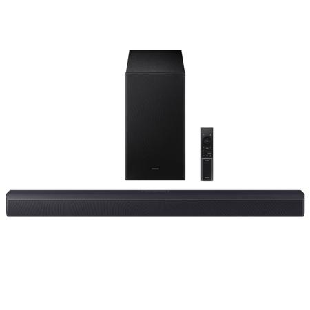 Samsung 300 W 2.1 ch Soundbar with Dolby Audio, DTS Virtual:X, 3D Surround Sound, Bass Boost, Adaptive Sound, Voice Enhance, Game Mode, Night Mode, HDMI ARC, Optical In, Bluetooth, USB, Wireless Subwoofer (HW-B45EF/XL, Titan Black) Samsung 300 W 2.1 ch Soundbar with Dolby Audio, DTS Virtual:X, 3D Surround Sound, Bass Boost, Adaptive Sound, Voice Enhance, Game Mode, Night Mode, HDMI ARC, Optical In, Bluetooth, USB, Wireless Subwoofer (HW-B45EF/XL, Titan Black)