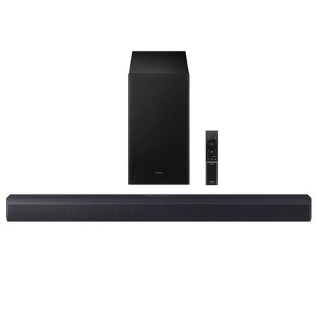 Samsung 300 W 2.1 ch Soundbar with Dolby Audio, DTS Virtual:X, 3D Surround Sound, Bass Boost, Adaptive Sound, Voice Enhance, Game Mode, Night Mode, HDMI ARC, Optical In, Bluetooth, USB, Wireless Subwoofer (HW-B45EF/XL, Titan Black) Samsung 300 W 2.1 ch Soundbar with Dolby Audio, DTS Virtual:X, 3D Surround Sound, Bass Boost, Adaptive Sound, Voice Enhance, Game Mode, Night Mode, HDMI ARC, Optical In, Bluetooth, USB, Wireless Subwoofer (HW-B45EF/XL, Titan Black)