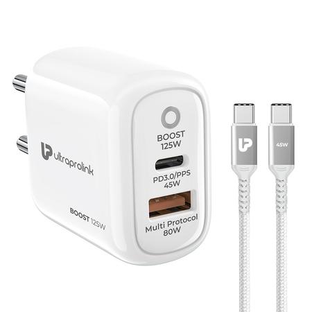 UltraProlink 125 W Dual USB Multi-Protocol Fast Travel Charger with 100 cm (1 m) Type-C to Type-C Cable UltraProlink 125 W Dual USB Multi-Protocol Fast Travel Charger with 100 cm (1 m) Type-C to Type-C Cable