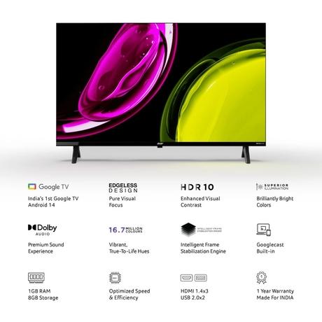Acer 80.01 cm (32 inch) Ultra I Series HD Smart LED Google TV with Android 14 (Black), AR32HDGGU2841BD-1