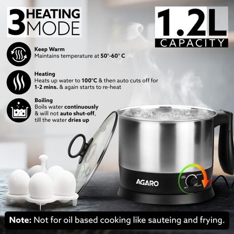 Agaro Esteem Multipurpose Electric Kettle 1.2 L 600 W, Stainless Steel, Egg Rack & Grill Rack, 3 Heating Modes, Boiling Water, Tea, Coffee, Oats, Noodles and Soup-1