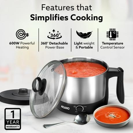 Agaro Esteem Multipurpose Electric Kettle 1.2 L 600 W, Stainless Steel, Egg Rack & Grill Rack, 3 Heating Modes, Boiling Water, Tea, Coffee, Oats, Noodles and Soup-2