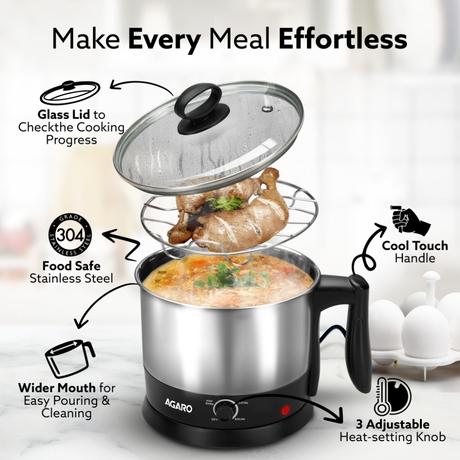 Agaro Esteem Multipurpose Electric Kettle 1.2 L 600 W, Stainless Steel, Egg Rack & Grill Rack, 3 Heating Modes, Boiling Water, Tea, Coffee, Oats, Noodles and Soup-3