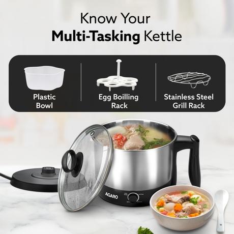 Agaro Esteem Multipurpose Electric Kettle 1.2 L 600 W, Stainless Steel, Egg Rack & Grill Rack, 3 Heating Modes, Boiling Water, Tea, Coffee, Oats, Noodles and Soup-4
