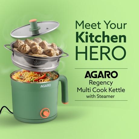 Agaro Regency Multipurpose Electric Kettle 1.2 L 600 W, Electric Steamer, Egg and Vegetable Boiler, Variable Temperature Control, Double Layer Body, Wide Mouth-1