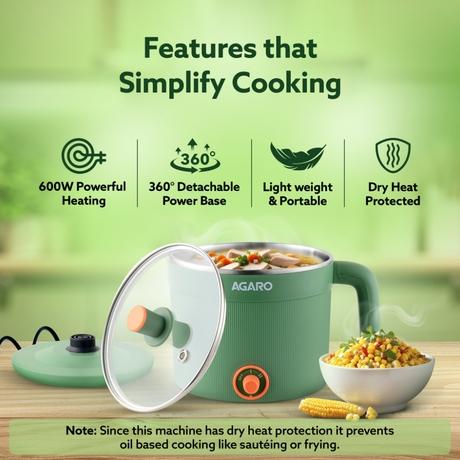 Agaro Regency Multipurpose Electric Kettle 1.2 L 600 W, Electric Steamer, Egg and Vegetable Boiler, Variable Temperature Control, Double Layer Body, Wide Mouth-3