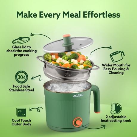 Agaro Regency Multipurpose Electric Kettle 1.2 L 600 W, Electric Steamer, Egg and Vegetable Boiler, Variable Temperature Control, Double Layer Body, Wide Mouth-4