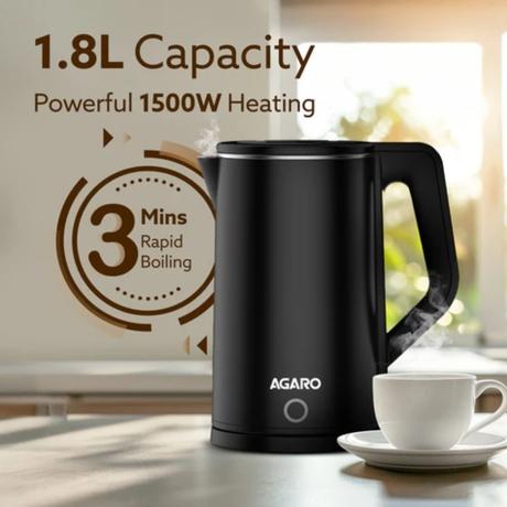 Agaro Elegant Electric Kettle 1.8 L 1500 W Stainless Steel, Large Capacity Fast Boil Water Heater, Double Layer Body, Auto Shut Off Tea and Coffee Kettle-1