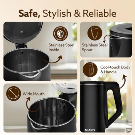 Agaro Elegant Electric Kettle 1.8 L 1500 W Stainless Steel, Large Capacity Fast Boil Water Heater, Double Layer Body, Auto Shut Off Tea and Coffee Kettle-3