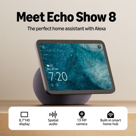 Amazon Echo Show 8 (Newest Model), Vibrant 22.09 cm (8.7 inch) HD Display with Spatial Audio & Alexa, New Sleek Design, Smart Home Controls, 2x bass Speaker, 13 MP Camera, Bluetooth (Graphite)-1
