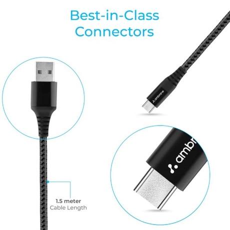 Ambrane 150 cm (1.5 m) Unbreakable 3 A Fast Charging Braided Type-C Cable (Black, BC-T-15)-2