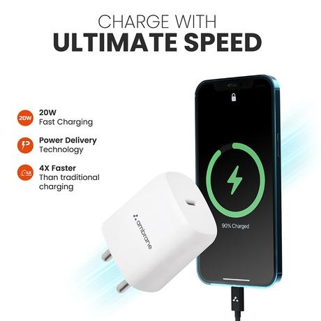 Ambrane RAAP M20 Wall Charger, 20 W Intelligent fast charging with PD Technology, BIS certified, Compatible with all Type-C Devices, Short Circuit & Overload Protection, Over Temperature Protection, Anti-Rust Pins, White-1