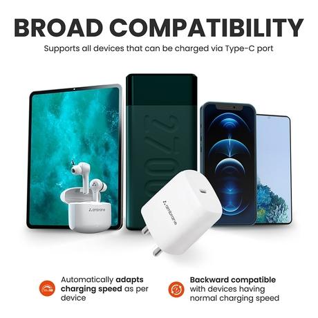 Ambrane RAAP M20 Wall Charger, 20 W Intelligent fast charging with PD Technology, BIS certified, Compatible with all Type-C Devices, Short Circuit & Overload Protection, Over Temperature Protection, Anti-Rust Pins, White-2