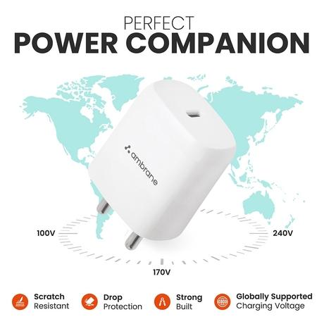 Ambrane RAAP M20 Wall Charger, 20 W Intelligent fast charging with PD Technology, BIS certified, Compatible with all Type-C Devices, Short Circuit & Overload Protection, Over Temperature Protection, Anti-Rust Pins, White-4