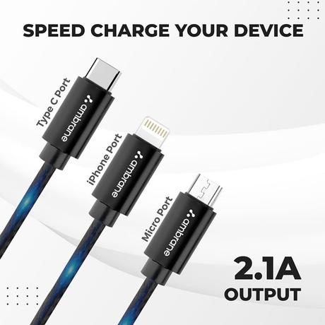 Ambrane Trio-11 3-in-1 Fast Charging 2.1A Unbreakable Braided Cable (Black)-1