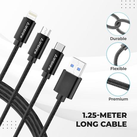 Ambrane Trio-11 3-in-1 Fast Charging 2.1A Unbreakable Braided Cable (Black)-4