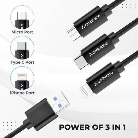 Ambrane Trio-11 3-in-1 Fast Charging 2.1A Unbreakable Braided Cable (Black)-5